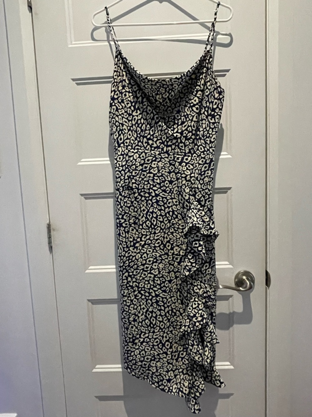 J.O.A. Blue and Cream Leopard-Print Slip Midi Dress with Side Ruffle